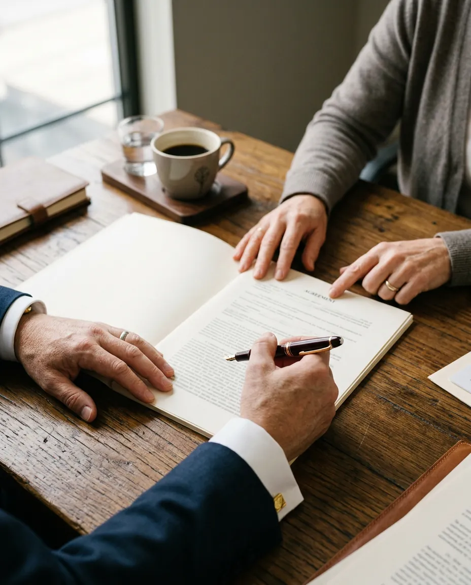 Mãos de advogada e cliente analisando um contrato sobre a mesa